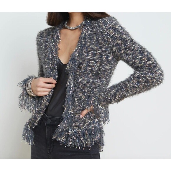 L'AGENCE Sweater Womens Large Blue Boucle Fringe Open Cardigan Jacket S8861NLQ - Picture 2 of 10